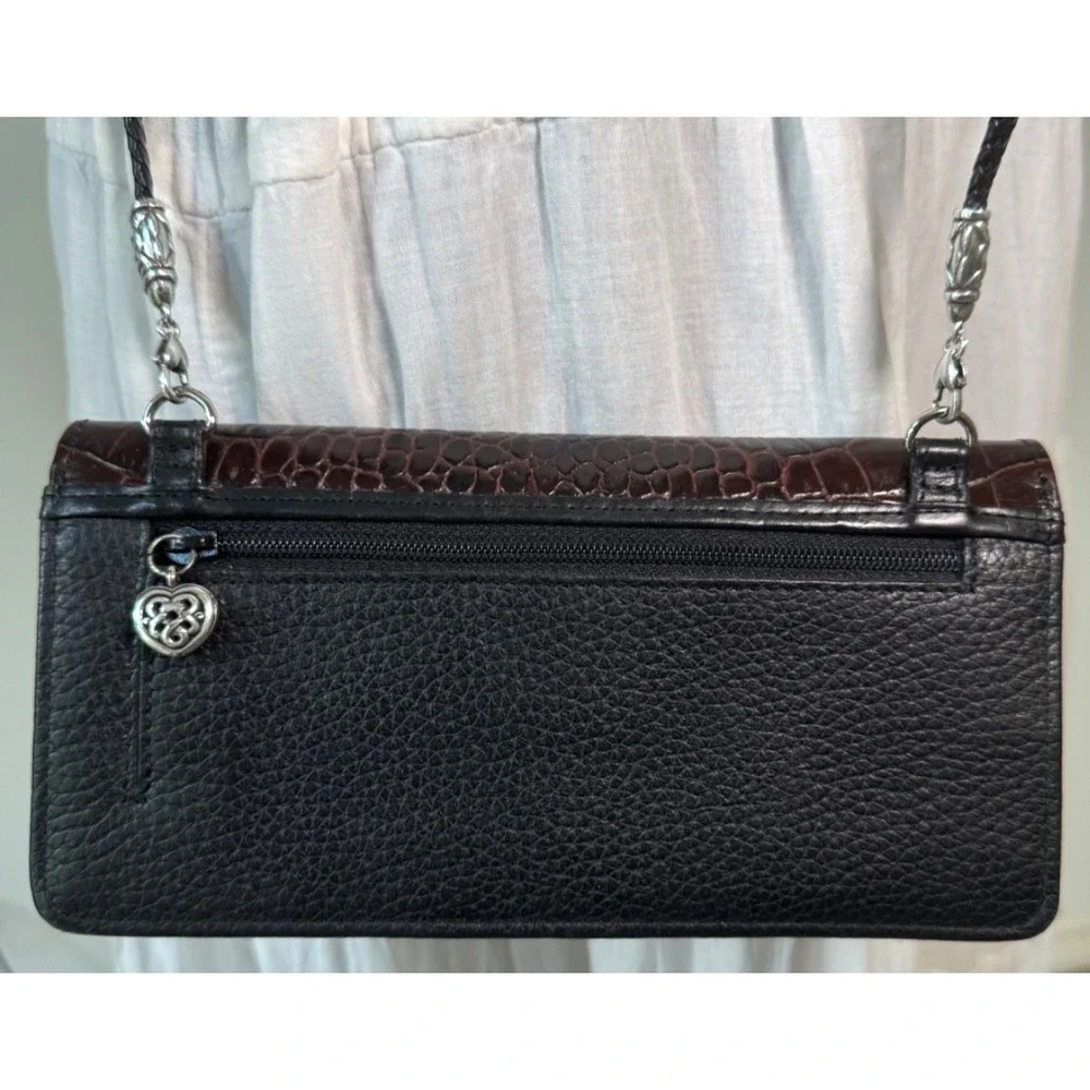 Brighton‎ Gwynevere Wallet Clutch Crossbody Black Brown Croc Embossed Leather